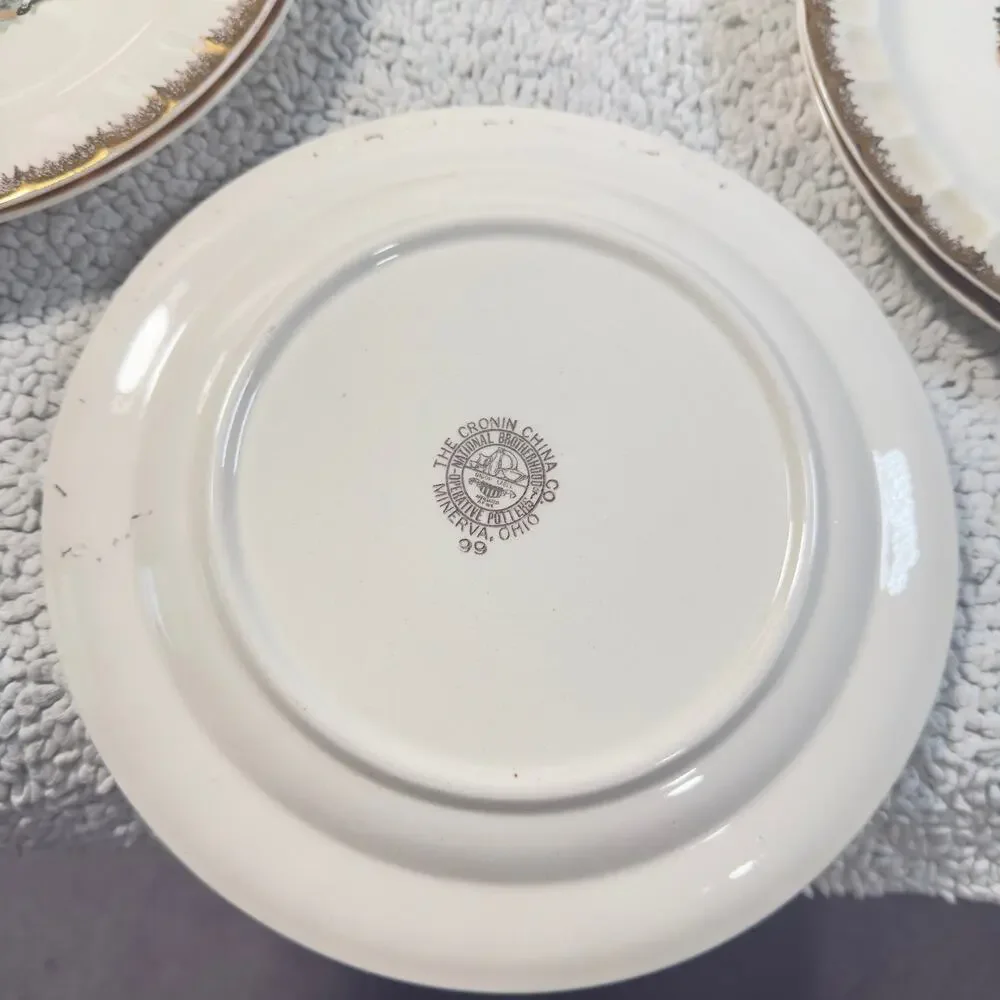 Vintage Cronin China Minerva Oh 9” Luncheon Plate Colonial Gold Rim USA Set of 7